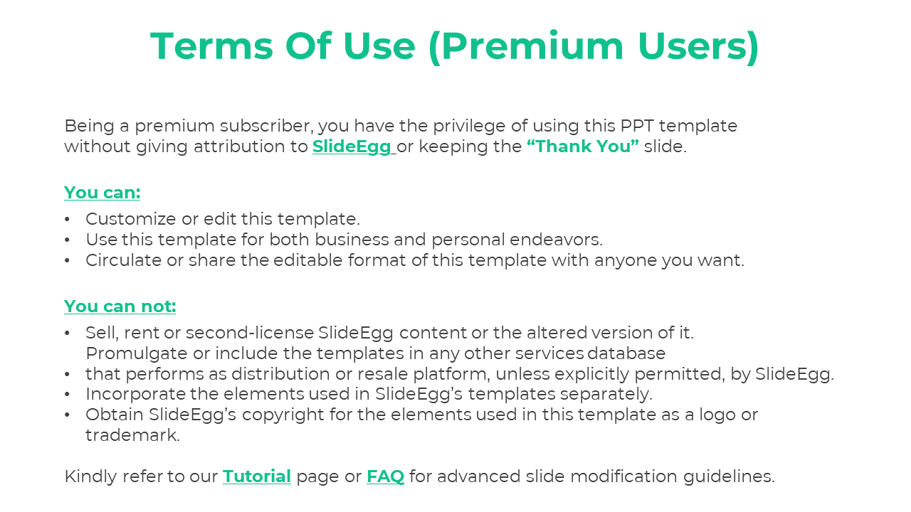 Terms of use slide for premium users, outlining customization restrictions, and guidelines with green highlighted text.