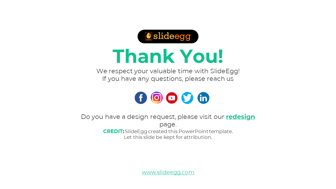 Minimal slide featuring green themed thank you message, with social media icons and website link at the bottom.