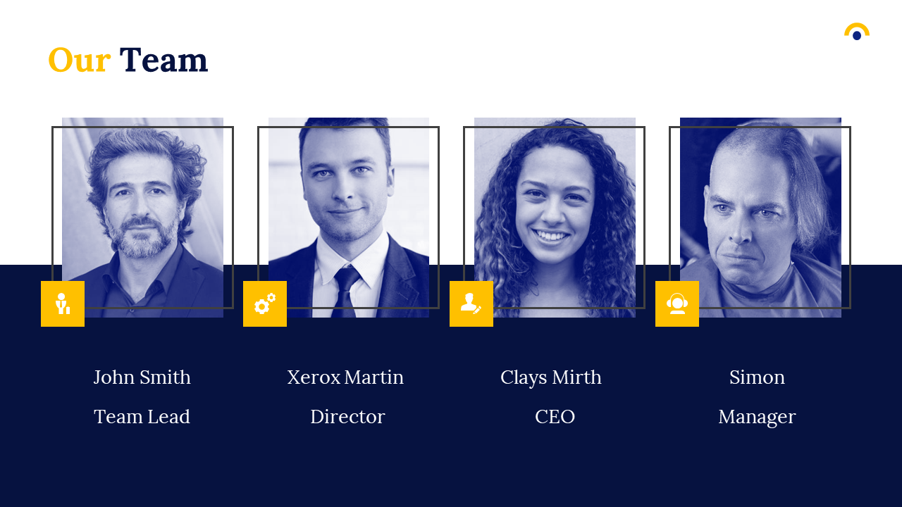 Our team slide with four professionals photos, each in a square frame with a yellow icon beneath, on a blue background.