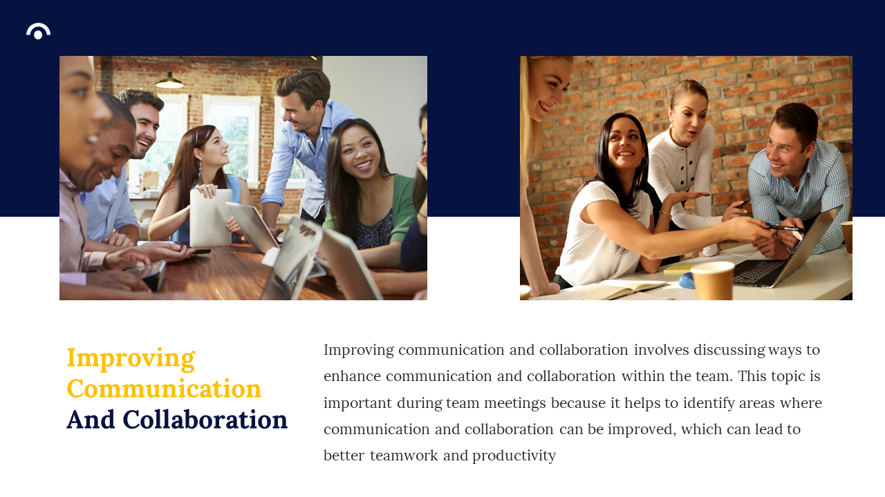 Split image with two groups discussing ideas on laptops and tablets, set against a brick wall background.