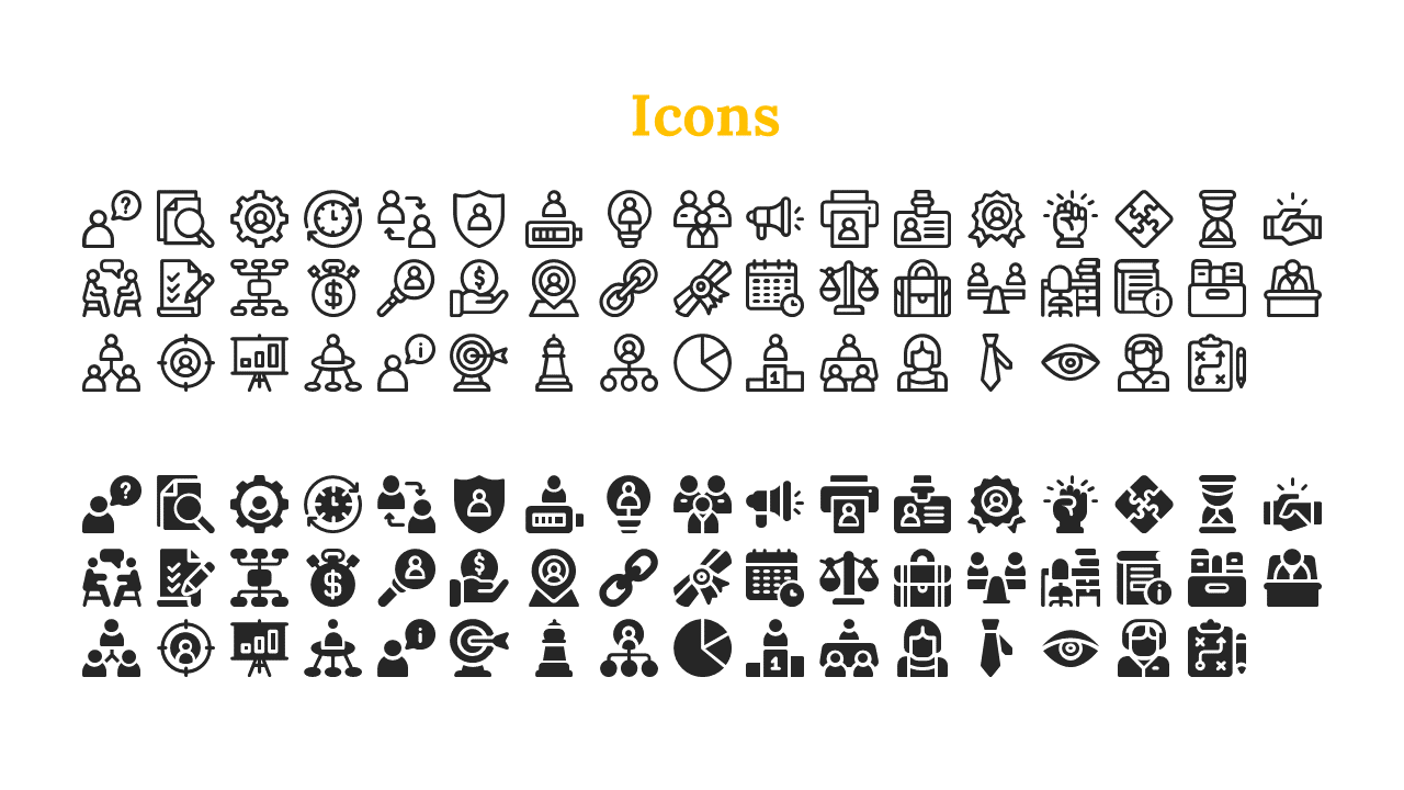Grid of outlined and filled icons representing business, and technology symbols, with a yellow heading at the top.