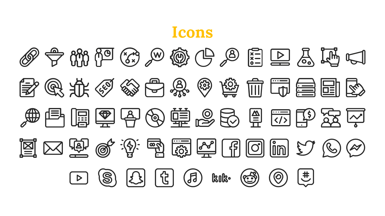 Collection of black and white icons, including social media, business, and technology symbols, with yellow title.