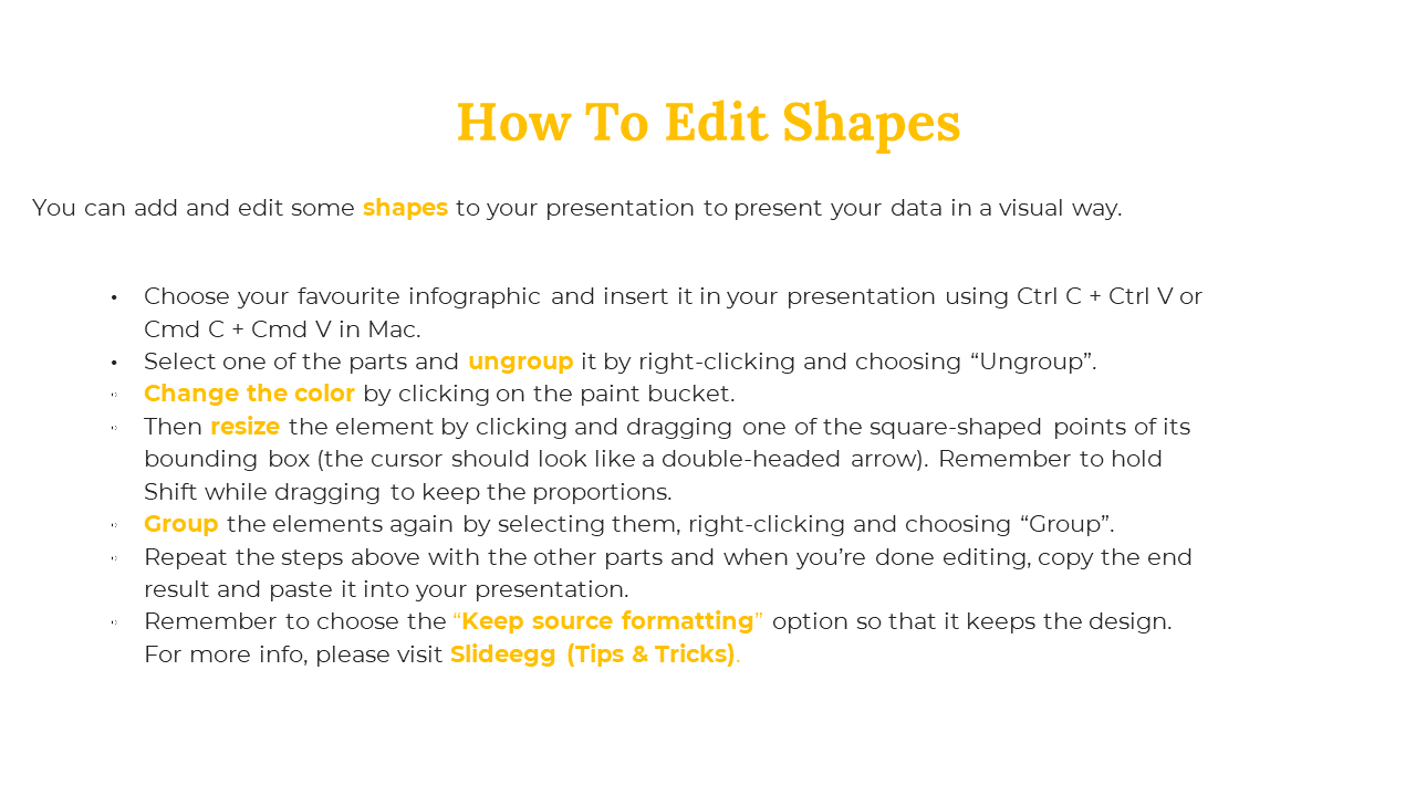 Tutorial slide on editing shapes with yellow headings and bullet points outlining the process for resizing and coloring.