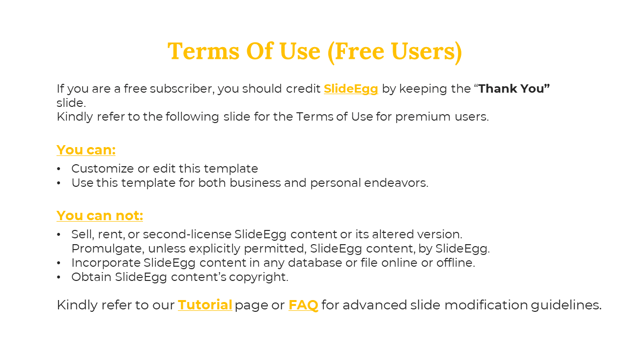 Slide detailing the terms of use for free users, with yellow headings explaining permissions and restrictions for templates.