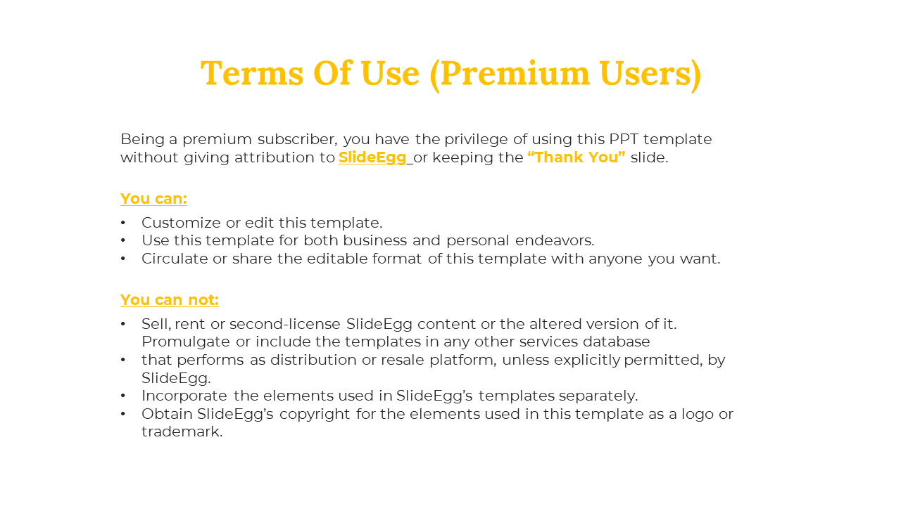 Terms of use slide for premium users, featuring yellow text and guidelines on template customization and restrictions.