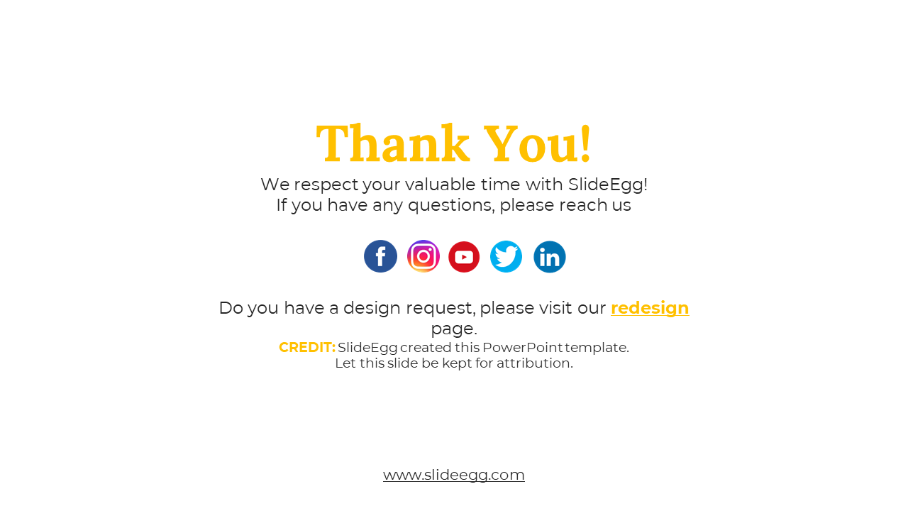 Thank you slide with yellow text, social media icons, and a website link, along with SlideEgg attribution at the bottom.