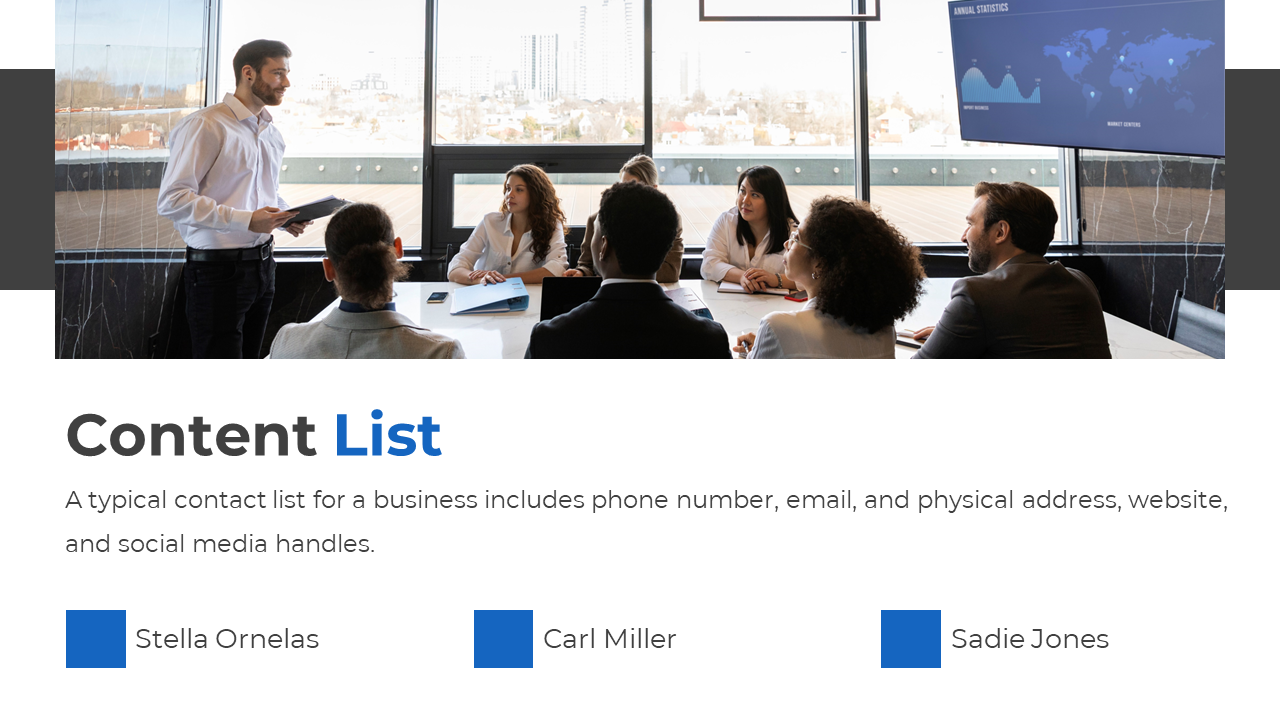 Business meeting with people in professional attire around a table and three blue accented content list below.