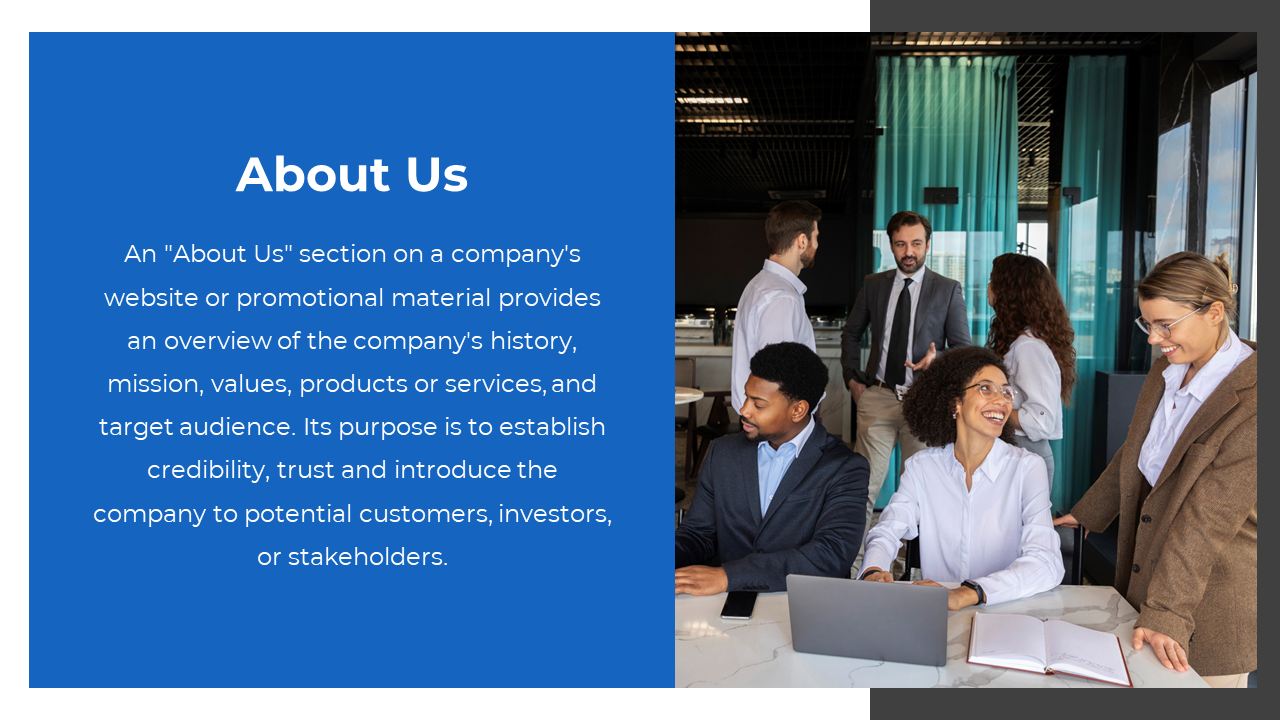 About us slide with a group of people collaborating around a table, and a blue background box with company description.