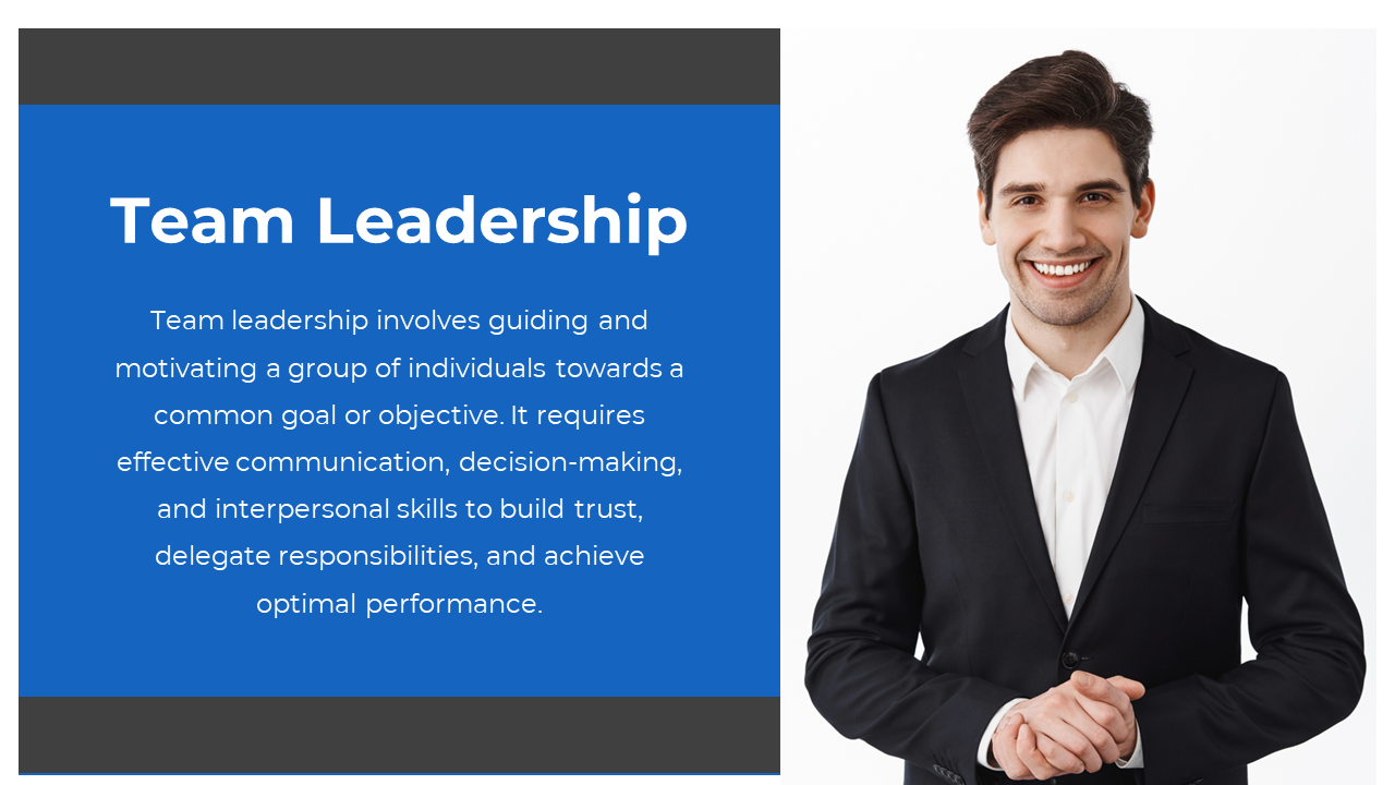 Slide featuring a smiling professional in a suit, and a blue box with description of leadership skills.