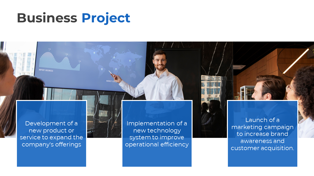 Business project slide with a speaker next to a large screen, and three blue blocks with text, organized horizontally.