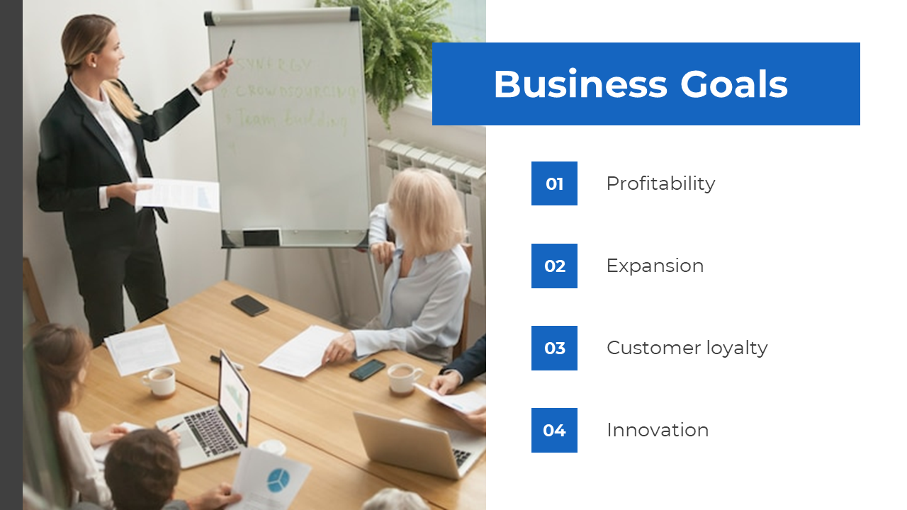 Business goals slide with a person presenting at a whiteboard, alongside four numbered text with blue accents.