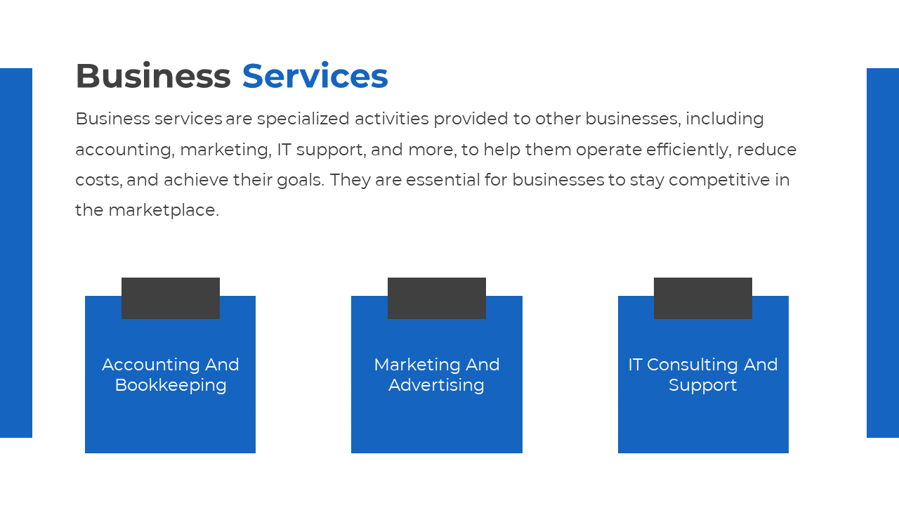 Business services slide with three blue blocks displaying categories, set against a white background with bold headers.