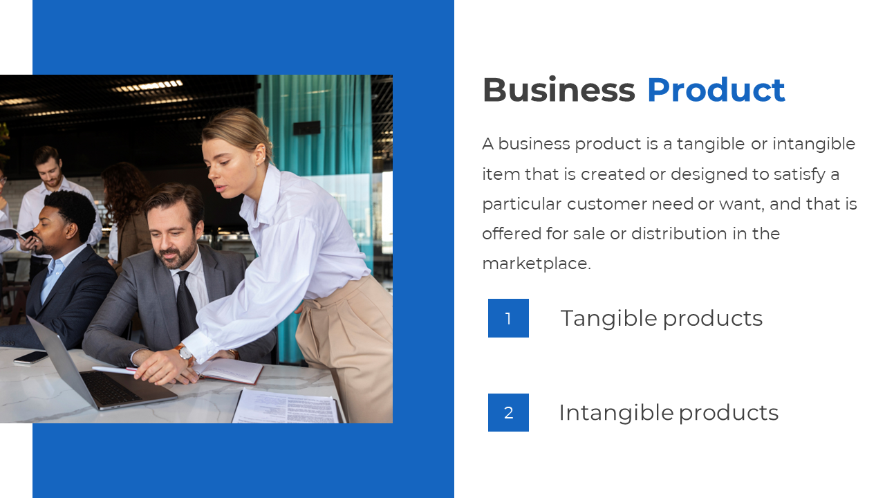 Business product slide, featuring a team working together on a laptop, and two numbered text with blue accents.