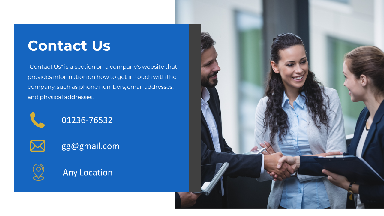 Contact us slide featuring a blue section with information, alongside a photo of three professionals shaking hands.