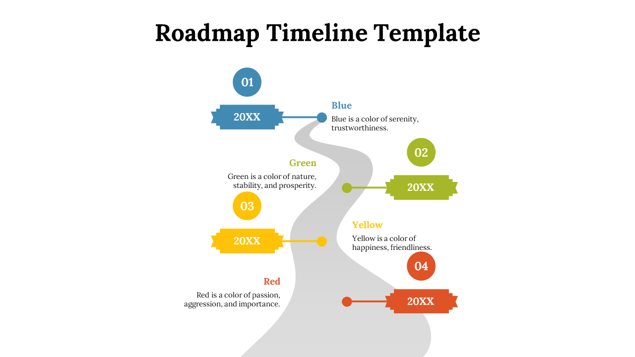 Timeline with colorful rectangular markers in blue, green, yellow, and red, placed along a curving road with milestones.