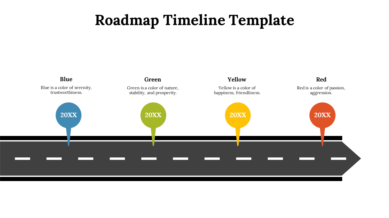 Timeline with colored circular markers in blue, green, yellow, and red, placed along a straight road with dashed white lines.