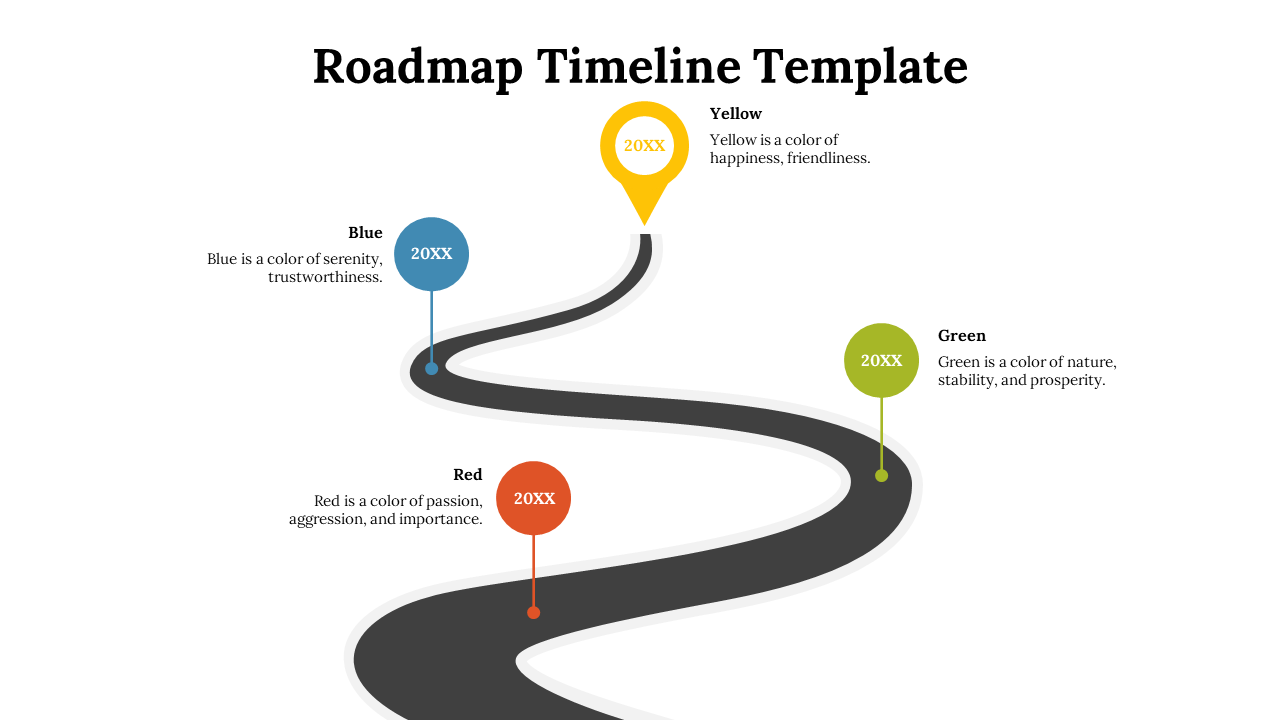 Roadmap timeline with colorful circular markers in yellow, blue, green, and red, placed along a curving road.