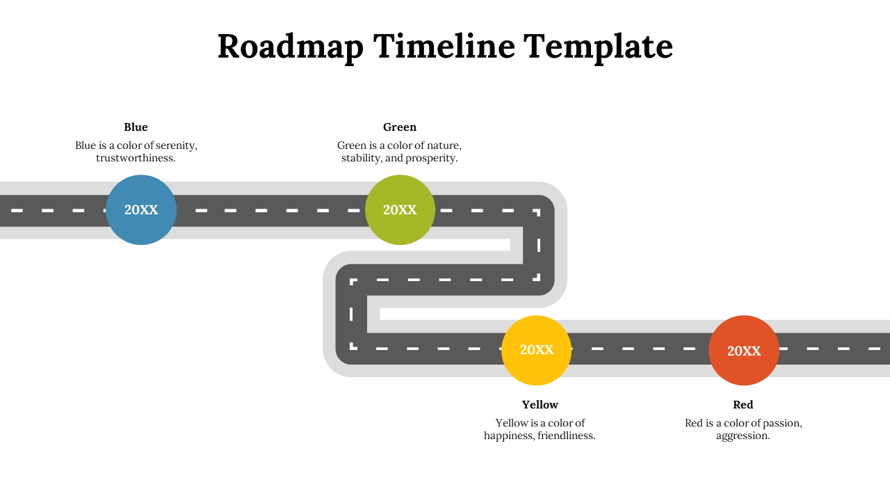Timeline with colorful markers in blue, green, yellow, and red on a winding road, each labeled with color meanings.