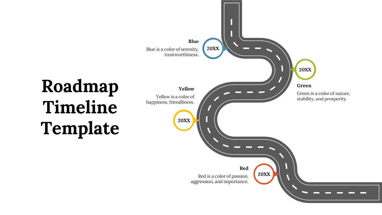 Roadmap timeline with colored circle markers in blue, green, yellow, and red placed along a winding road.