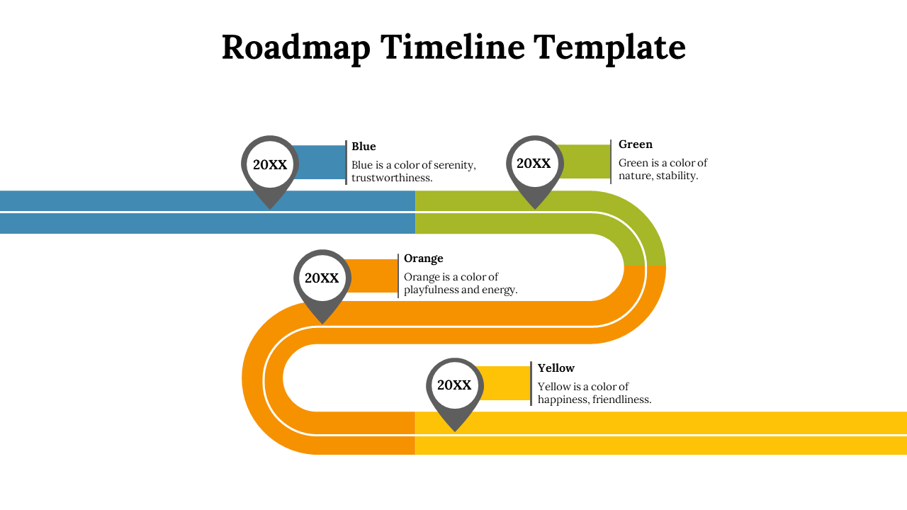 Roadmap timeline with colored paths in blue, green, orange, and yellow, marked by four pin icons indicating different stages.