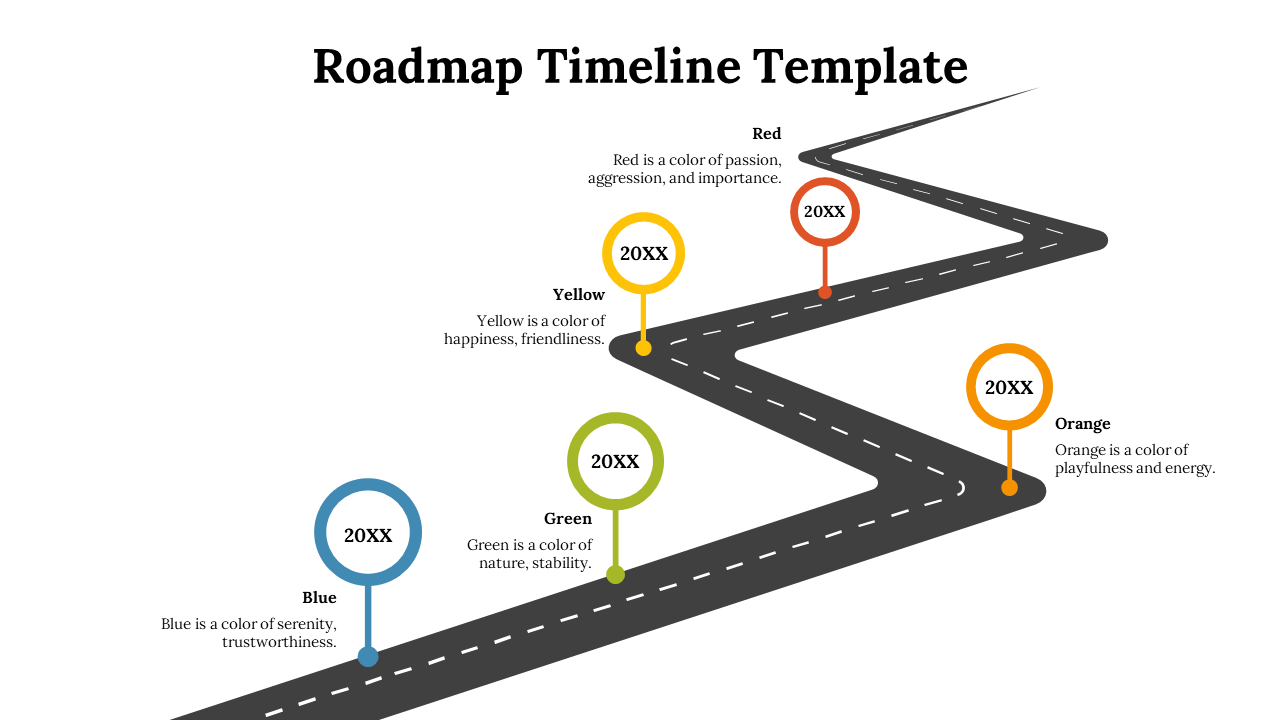 Roadmap timeline with five colored circles in blue, green, orange, yellow, and red, arranged along a winding road.
