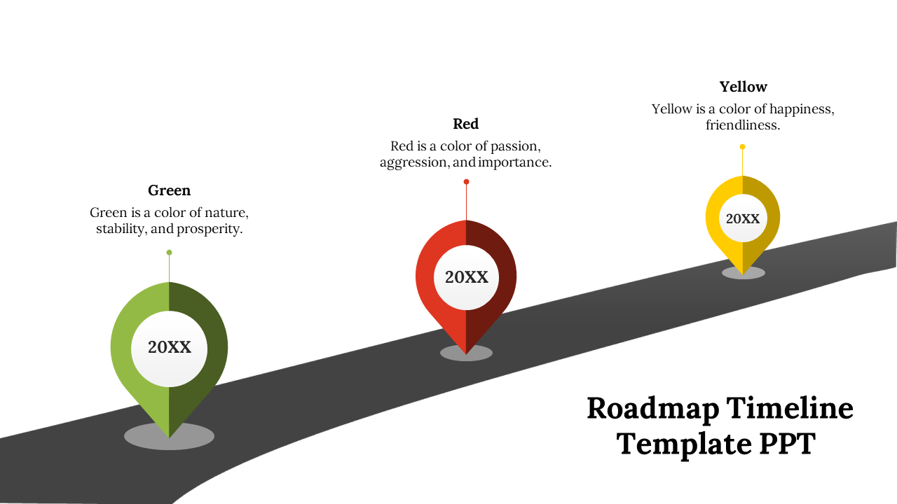 Roadmap timeline PowerPoint slides featuring colorful milestone markers with text descriptions in different layout designs.