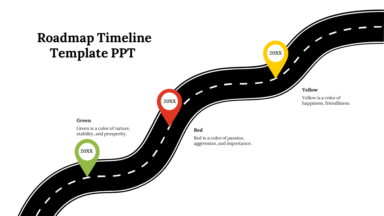 Timeline template featuring a curved black road with green, red, and yellow markers indicating milestones.