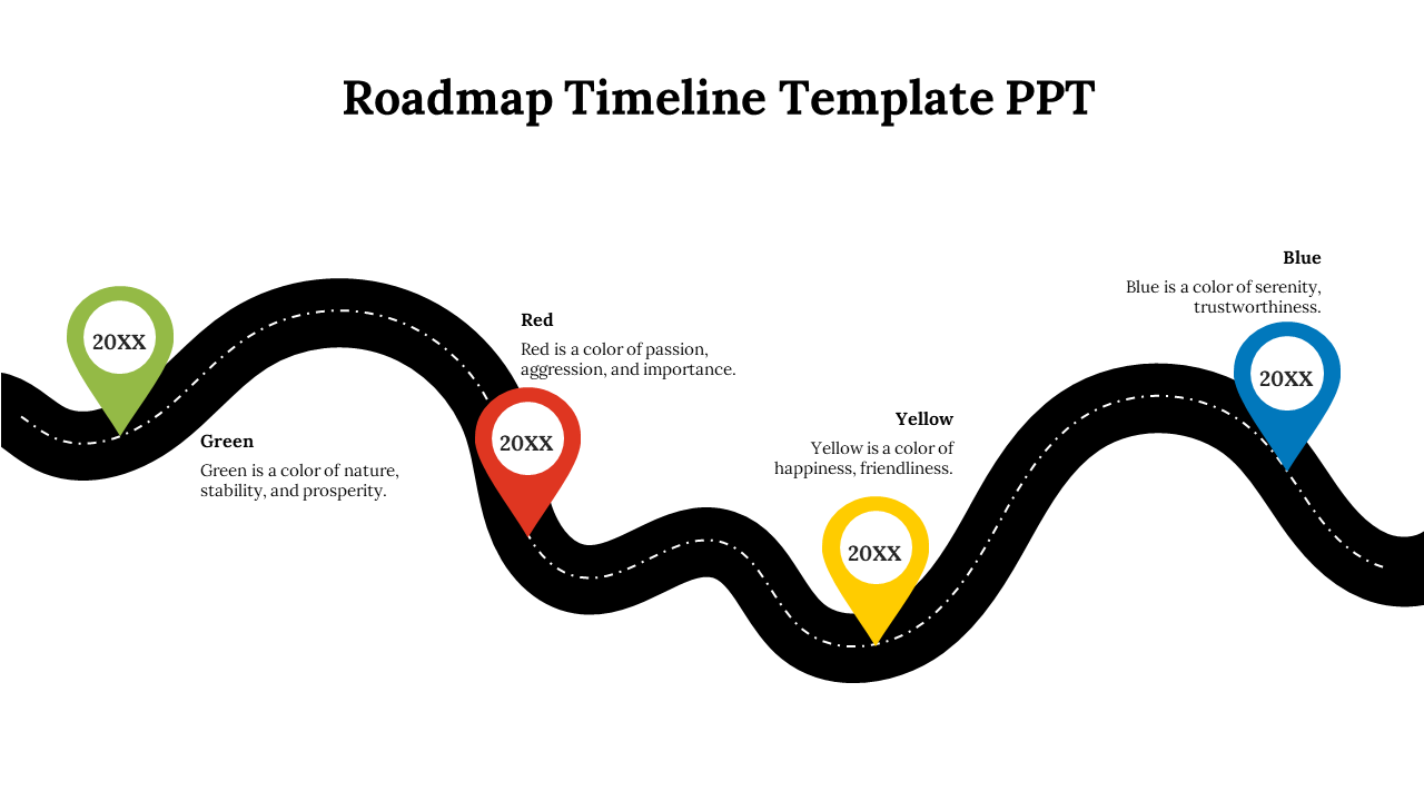 Winding road with four colorful markers in green, red, yellow, and blue, indicating different stages along the timeline.