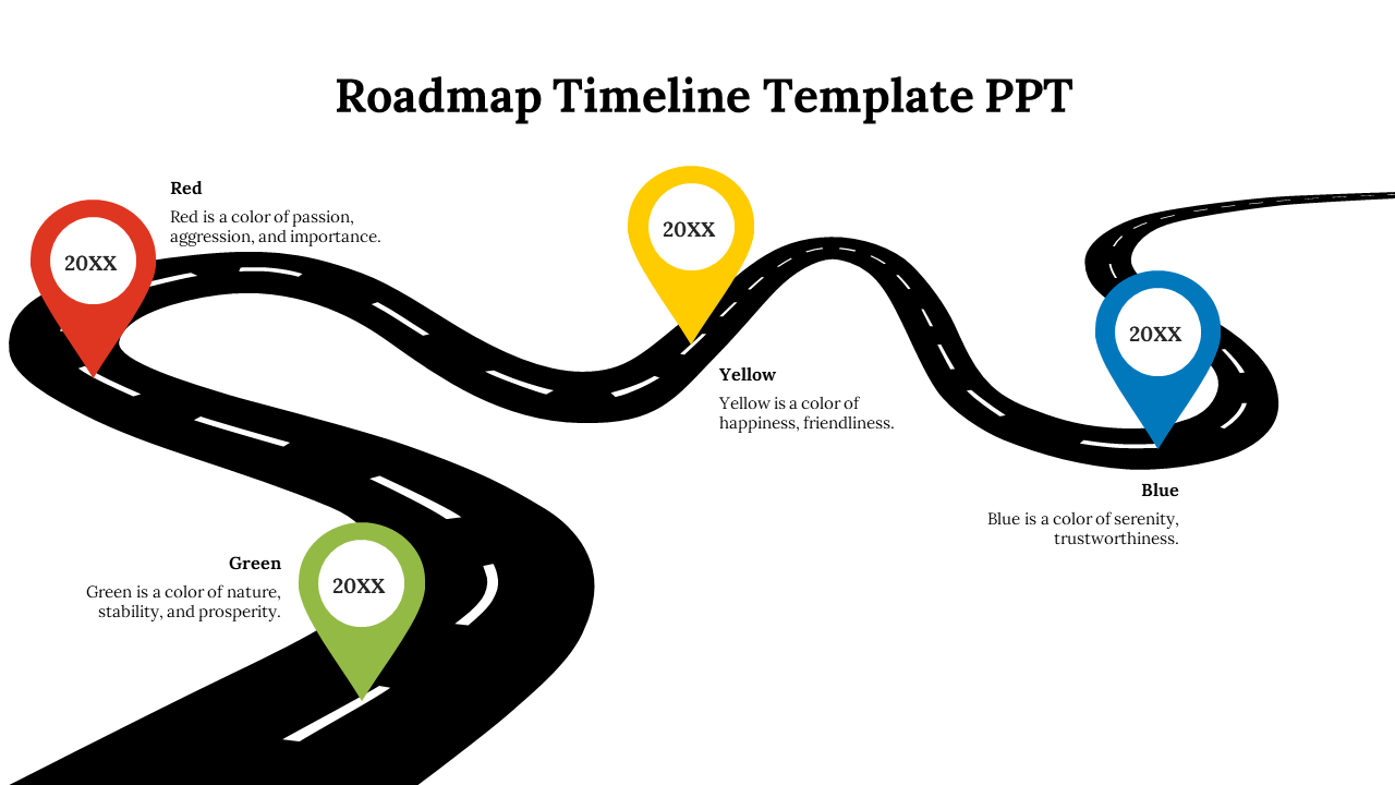 Curved road with location markers in green, red, yellow, and blue, each representing different milestones.