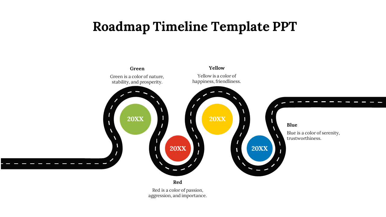 Roadmap timeline with colorful circular markers in green, yellow, red, and blue, on a curved white dashed road.