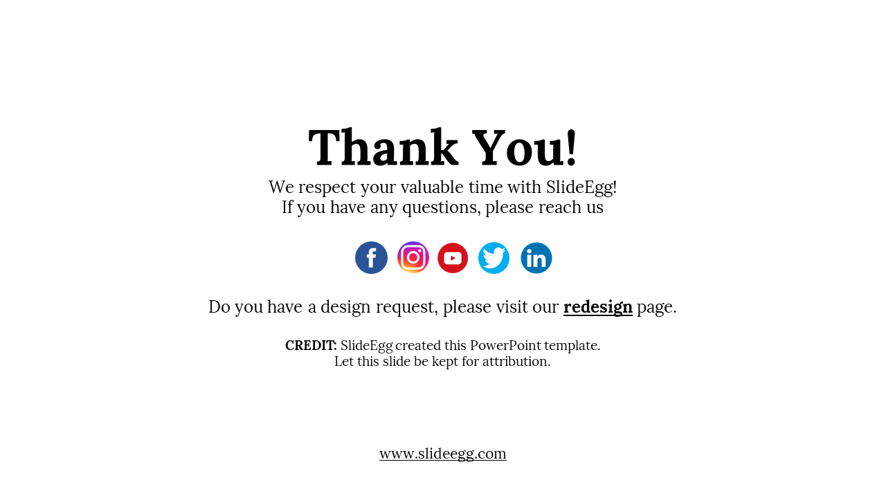 Clean layout featuring a thank you message, colorful circular social media icons, and a footer containing a website link.