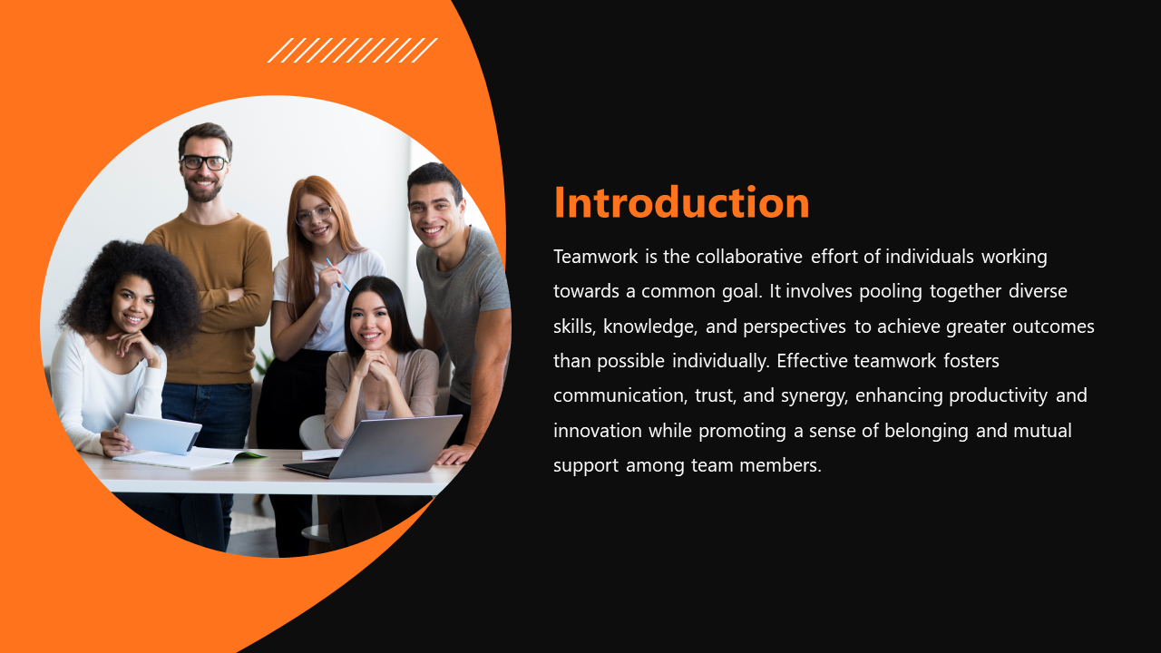 Black slide with orange accents, featuring a photo of a diverse group of people smiling and an introduction text.