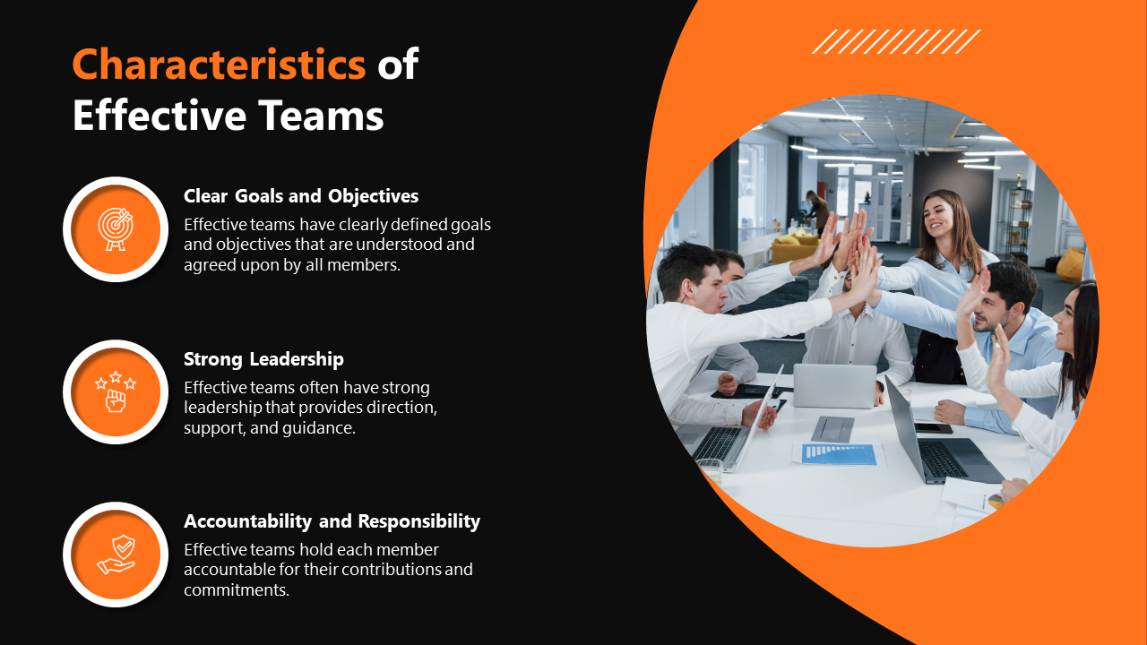 Black and orange slide featuring three text with circular icons, and an image of team members high fiving.
