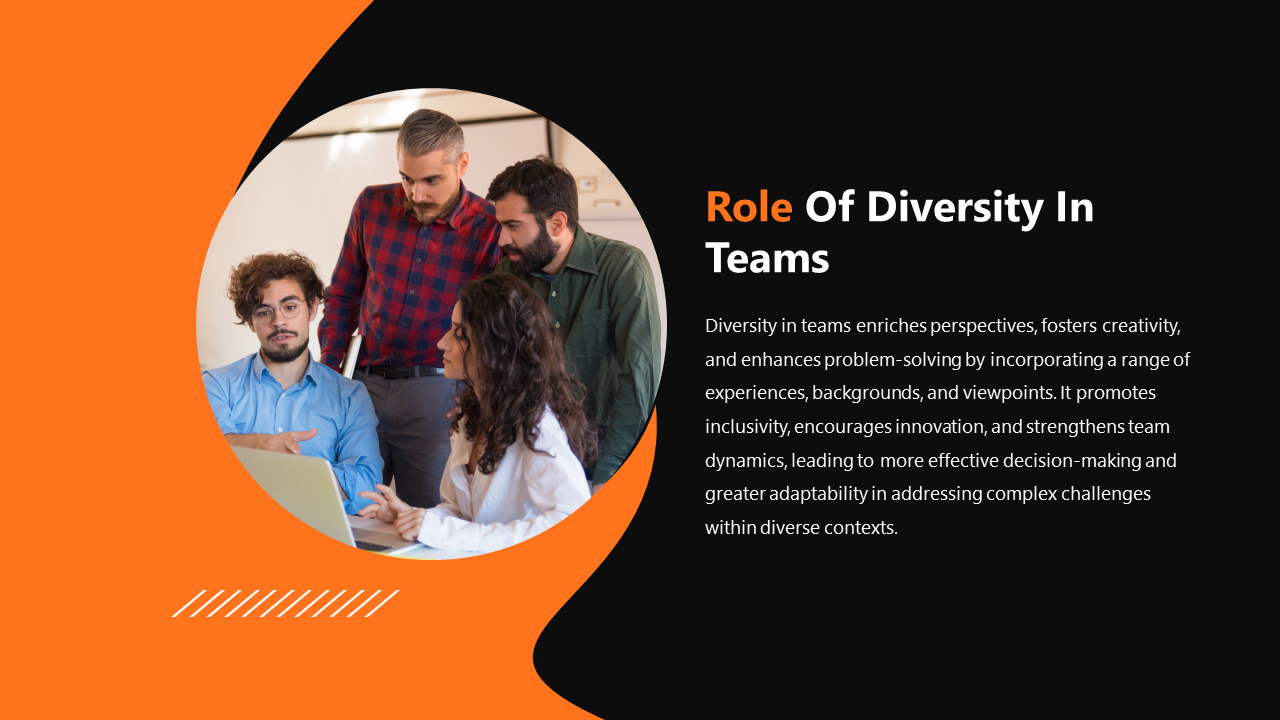 Slide with orange and black accents featuring an image of diverse team members collaborating, with text on the right.