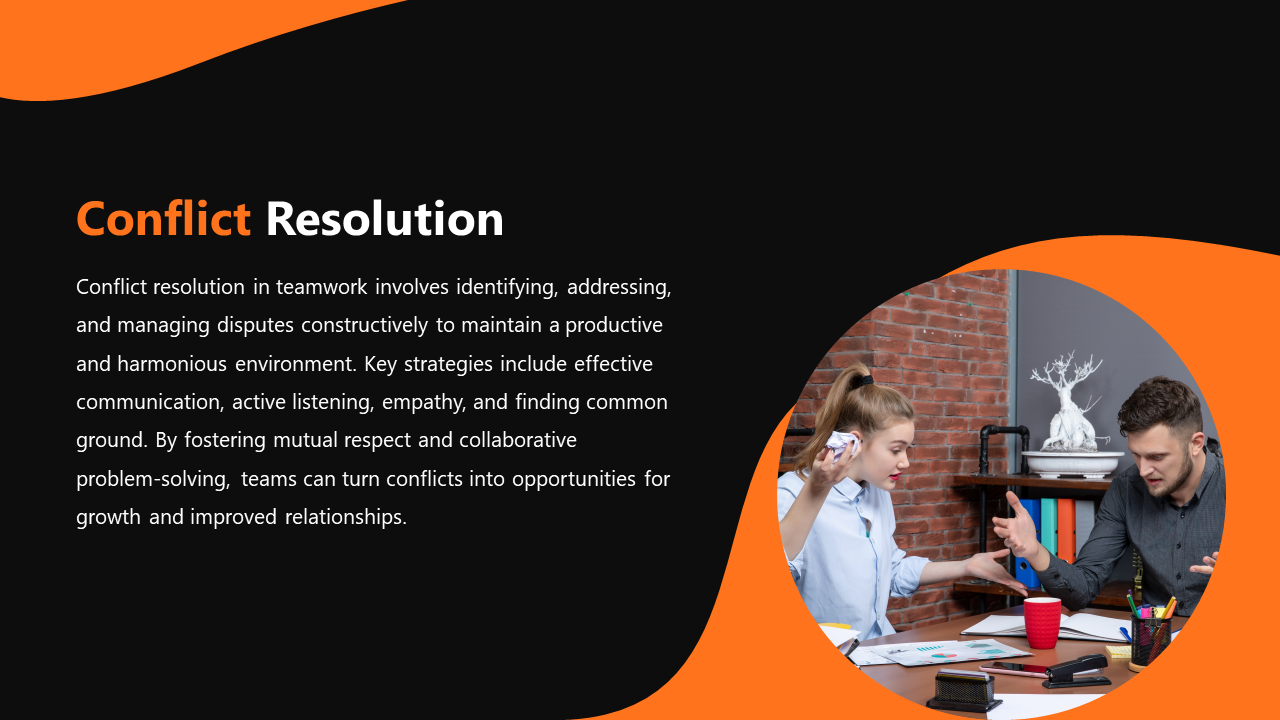 Conflict resolution slide with an orange and black design, featuring a photo of two people arguing at a desk.