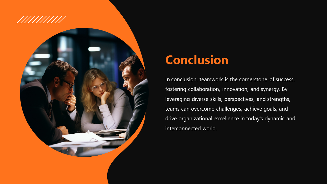 Dark slide with an orange accent showing a conclusion text, alongside an image of three people collaborating on a project.