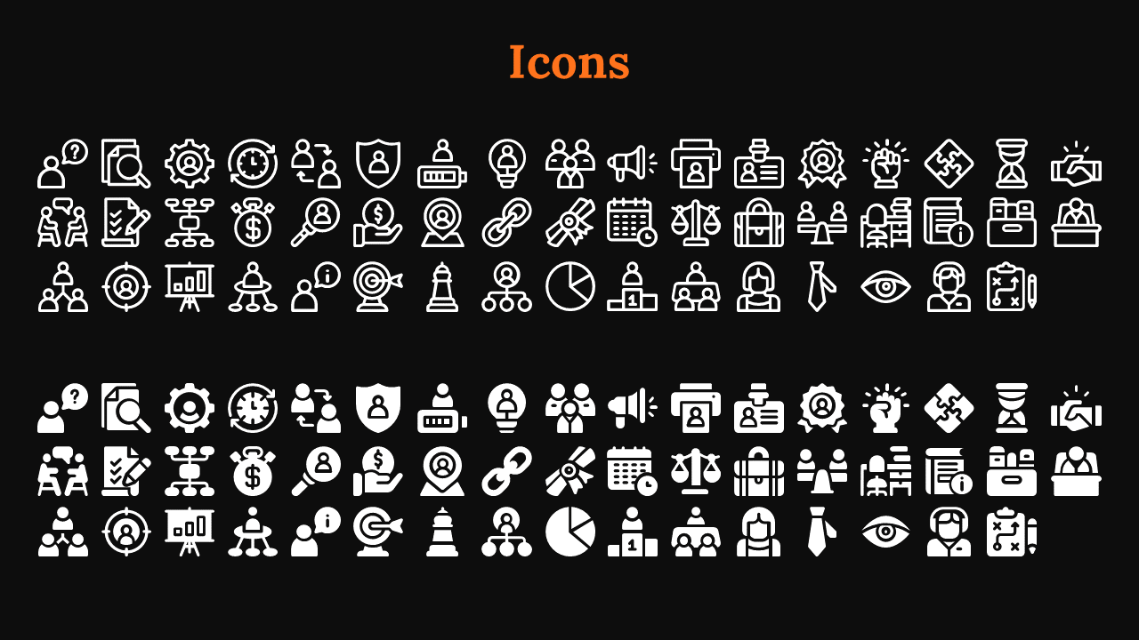 White outlined and filled icons on a dark background, including social media logos, office tools, and digital symbols.