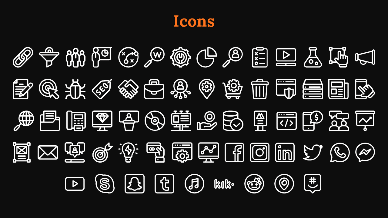 Collection of white icons on a black background, including social media and business symbols, with an orange title.