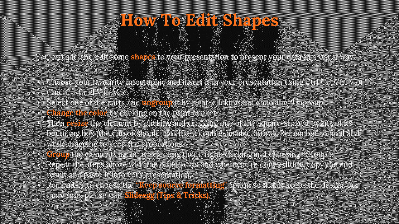 Slide on editing shapes in PowerPoint, featuring step by step instructions and tips in orange text on a black background.