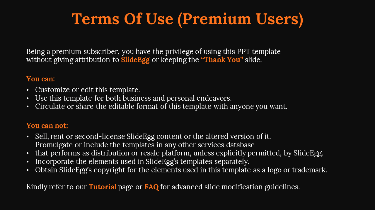 Terms of use slide with a black background and orange header text, listing actions allowed and prohibited for premium users.