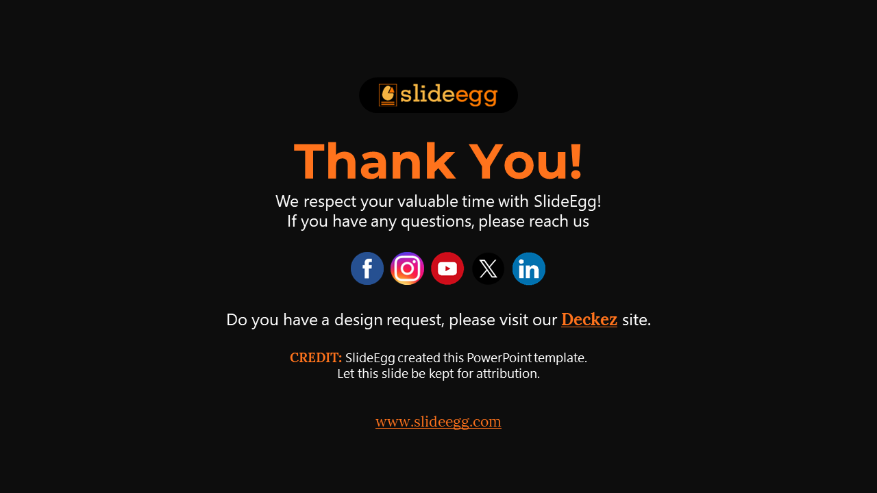 Dark background with an orange and white thank you message, along with social media icons and website details at the bottom.