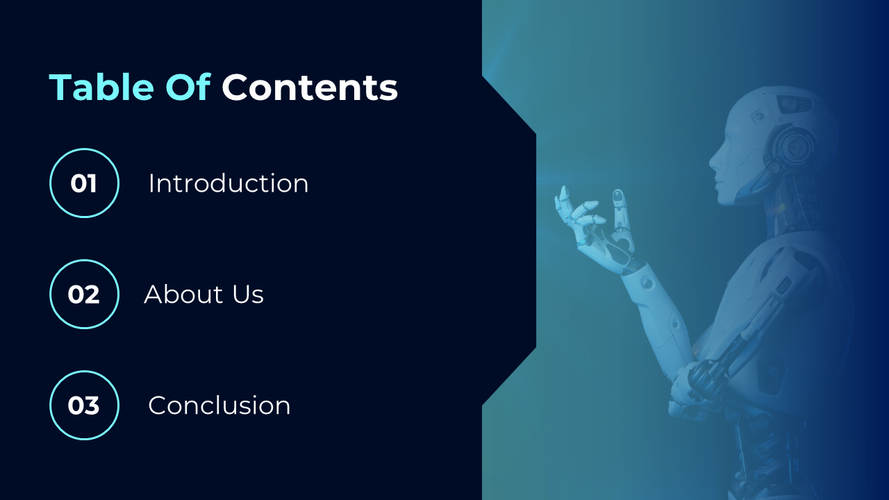 Blue gradient background with a robot hand on the right, and a list of three numbered items in circular shapes on the left.