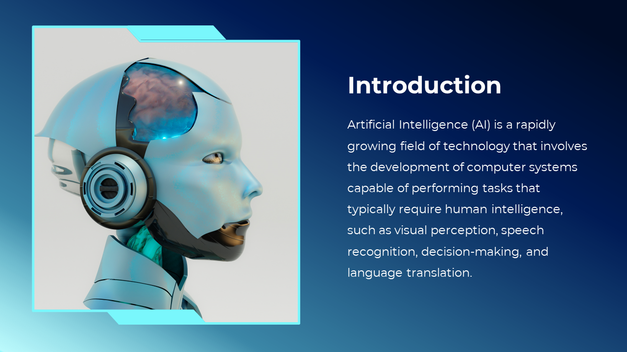 Blue robotic head in profile with glowing brain elements, framed in a light gradient layout with text on the right.