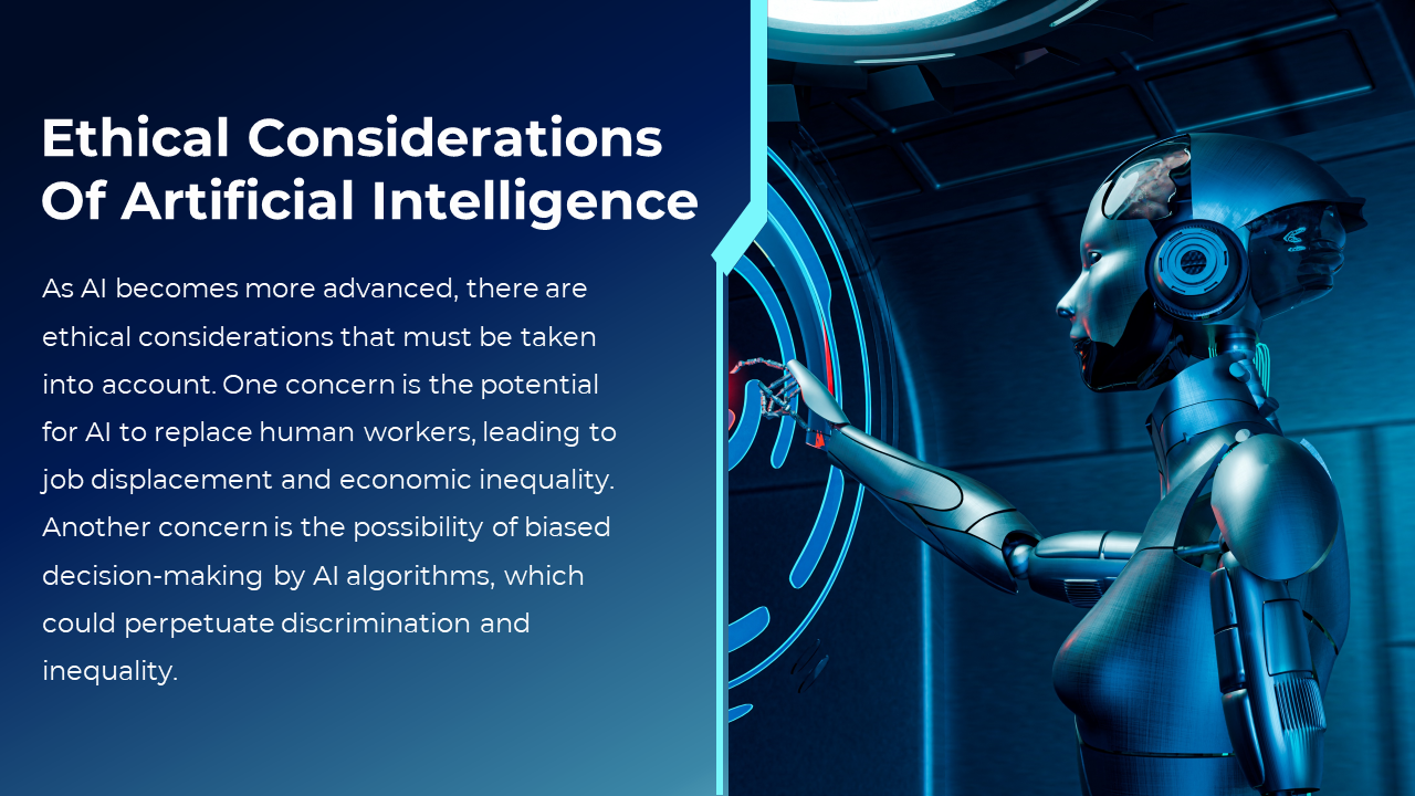 AI ethical considerations slide with a futuristic robot interacting with digital technology, set against a blue background.