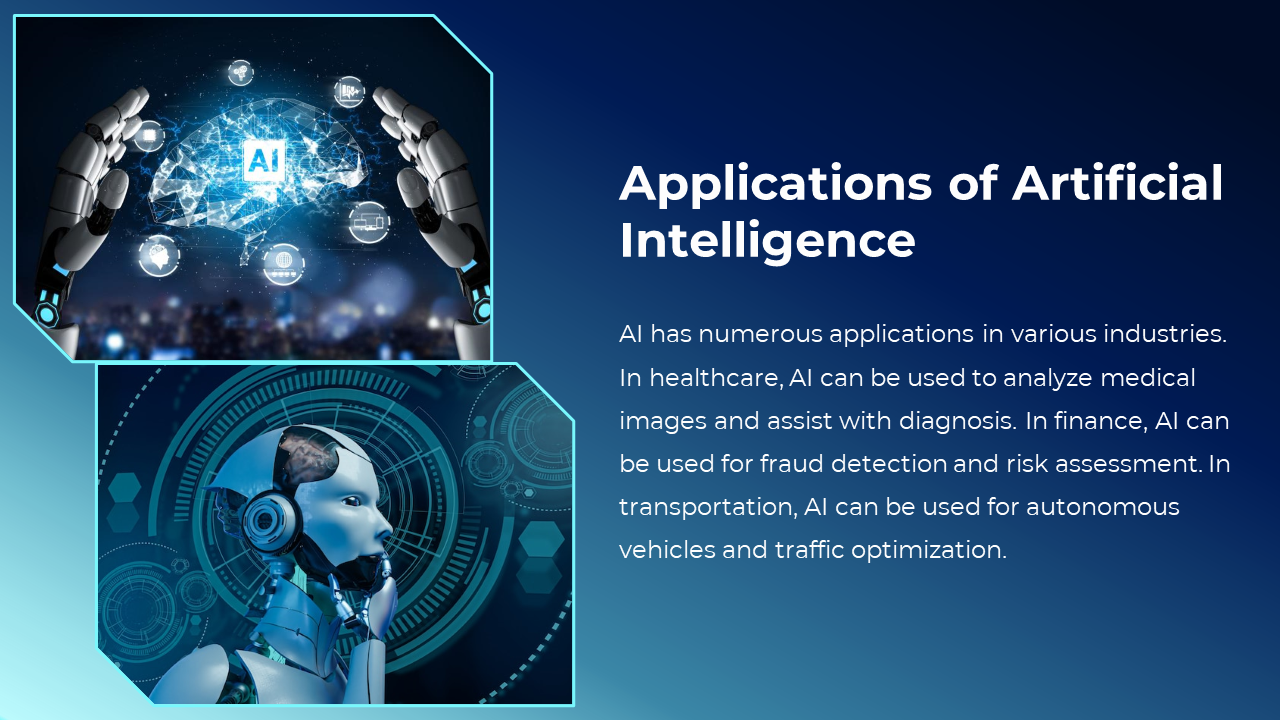 Two AI themed visuals with a robotic hand and face, set against a blue gradient background with digital data elements.