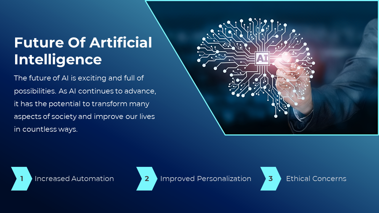 Slide featuring a a person interacting with digital brain circuits, with a summary and three key points below it.