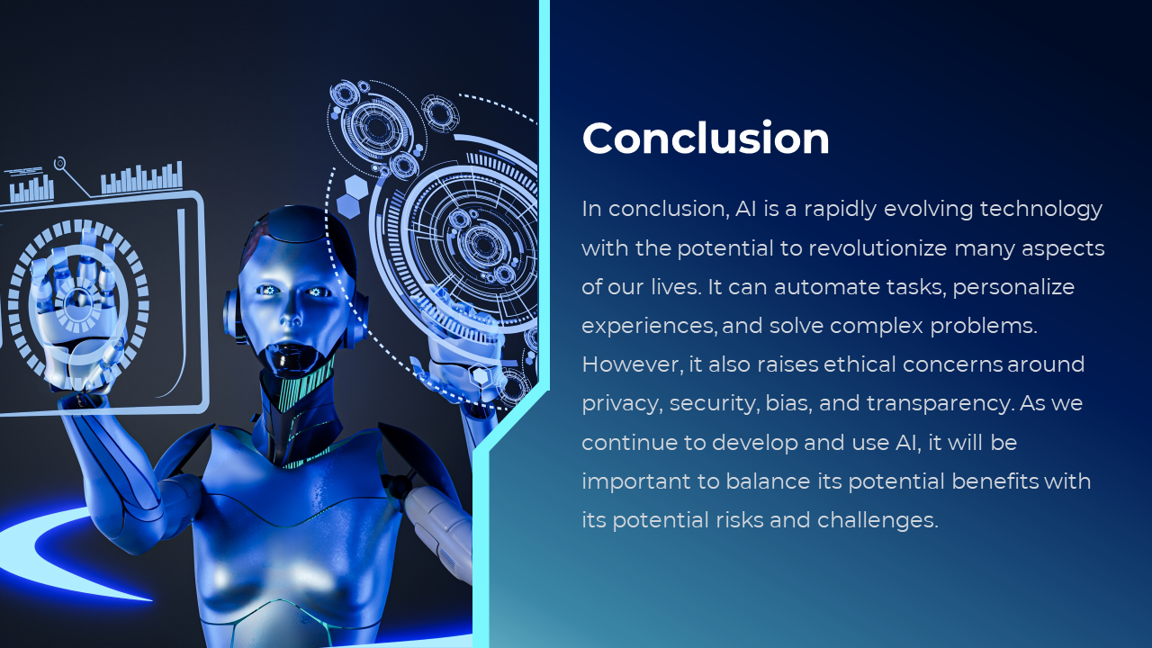 Futuristic robot interacting with digital visuals, with a blue gradient background and right aligned conclusion text.