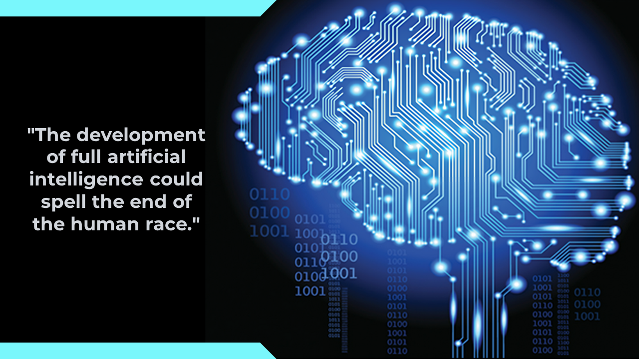Futuristic blue digital brain design with binary code, highlighted by bright lights and framed by a teal colored text box.
