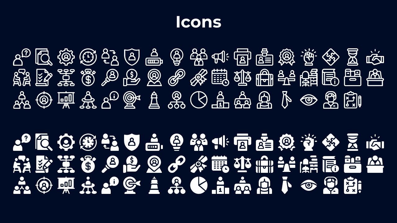 Collection of white outlined and filled icons on a dark background, including business, teamwork, and social media symbols.