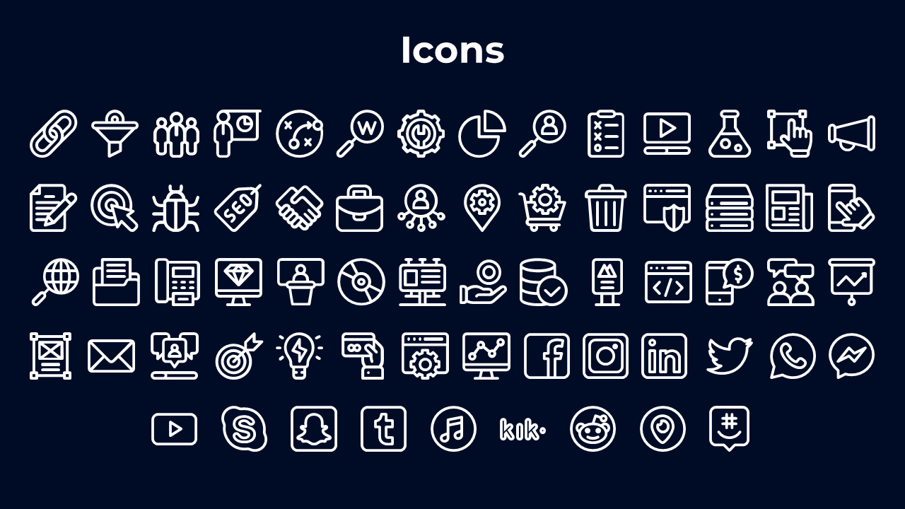 Collection of white outlined icons on a dark background, including business, social media, and technology symbols.